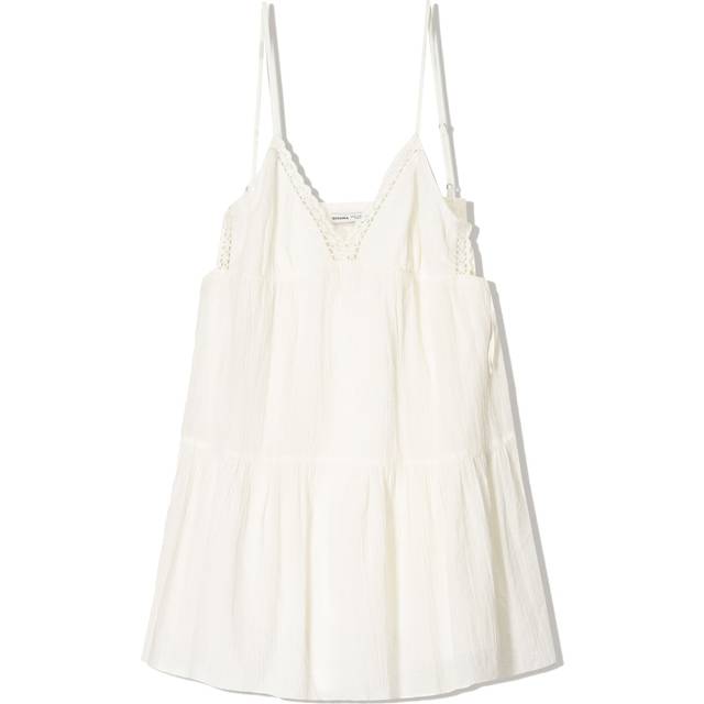 Bershka – Vit miniklänning med spetskant och textur-Vit/a