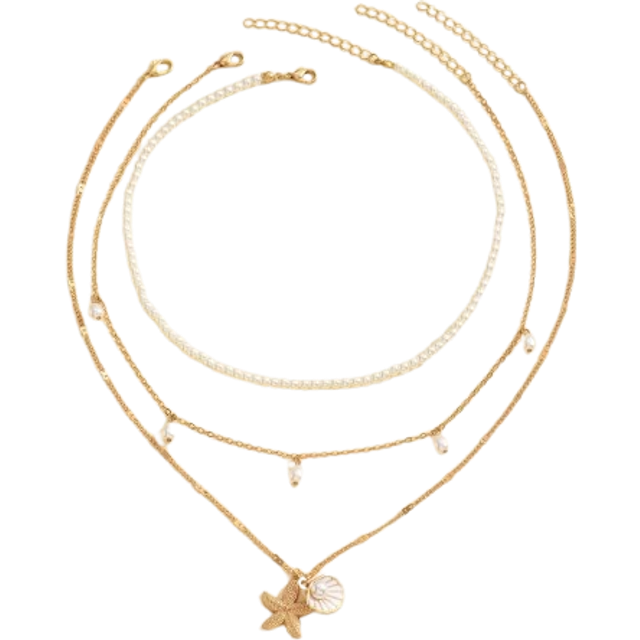SHEIN 3pcs/Set Faux Pearl Tassel, Starfish & Shell Decor Beaded Necklace Set, Multi-Layer Choker Necklaces, Suitable For Casual Wear & Summer Beach