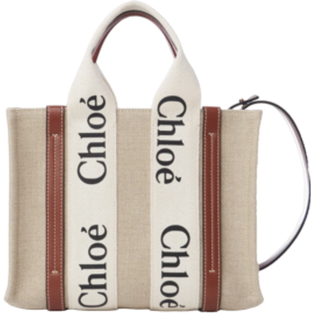 Chloe Woody Small Linen Tote Bag - White (Size W: 10.4  x H: 7.9  x D: 3.1)