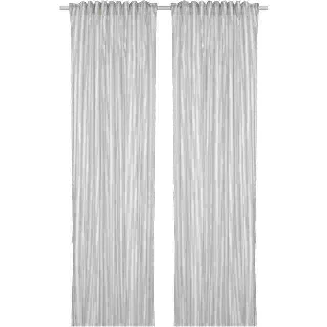 BYMOTT gardiner, 1 par, vit/ljusgrå randig/med veckband, 120x250 cm
