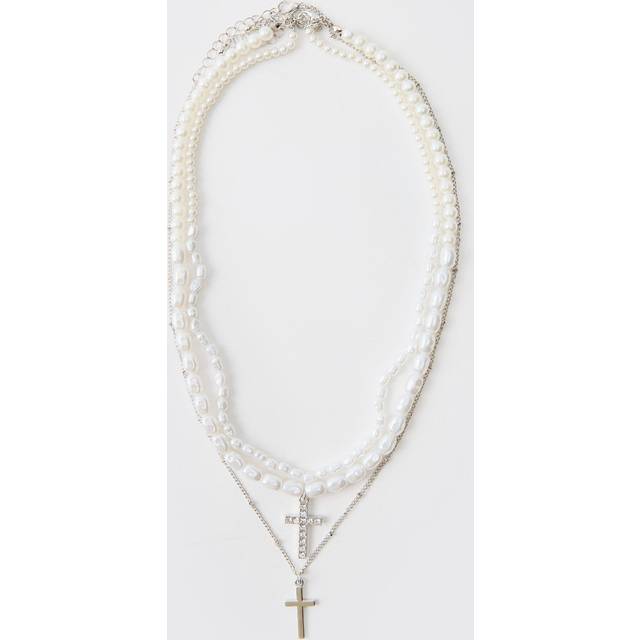Layered Cross Necklace With Mock Pearls - Grey - One Size