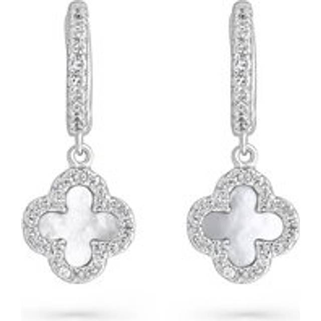 Silver Cubic Zirconia Mother of Pearl Clover Huggie Hoop Earrings
