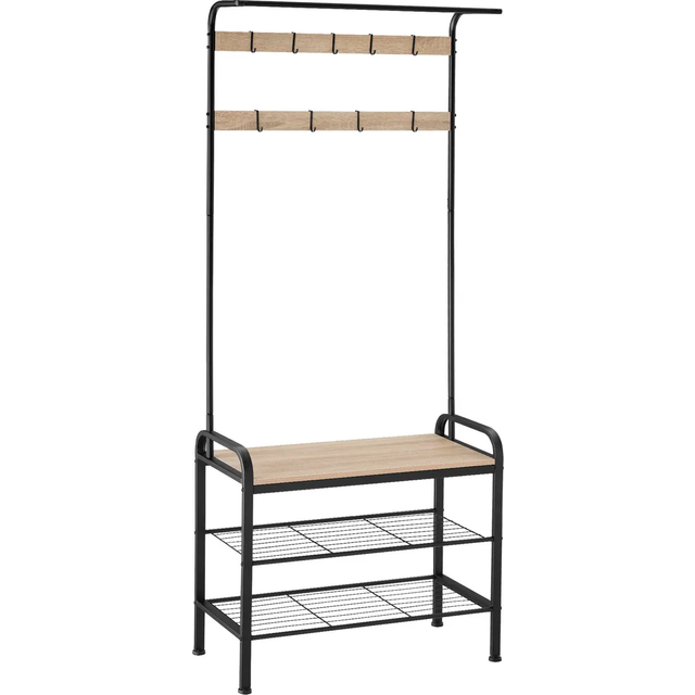 Tectake - Coat Stand Wichita - shoe rack, seat, 2 shelves and 9 coat hooks, 85.5 x 36 x 184 cm - Industrial style wardrobe, coat stand, shoe rack