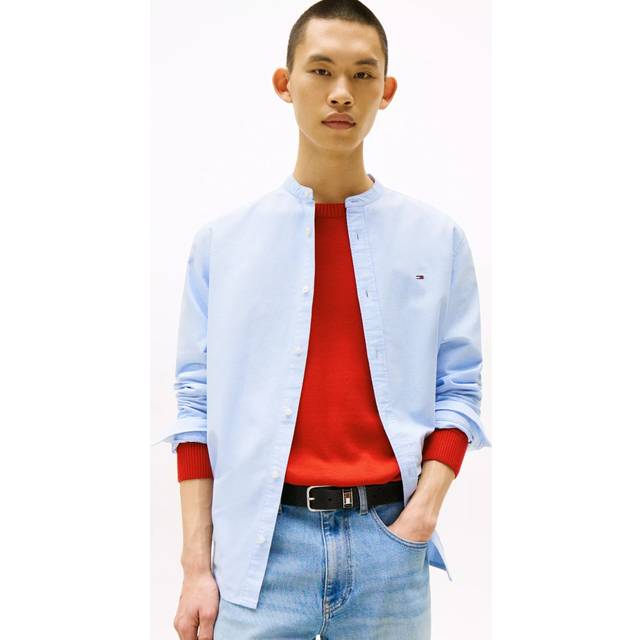 Tommy Jeans Cotton Regular Fit Grandad Collar Shirt, Mid Blue