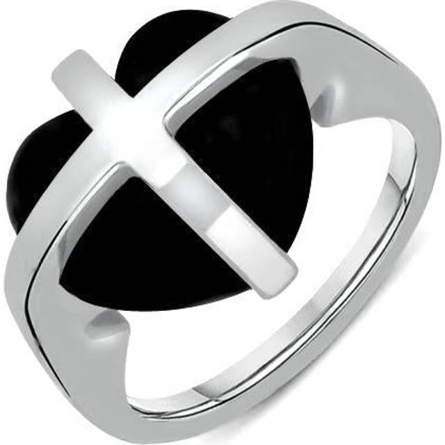 Sterling Silver Whitby Jet Cross Heart Ring - Silver