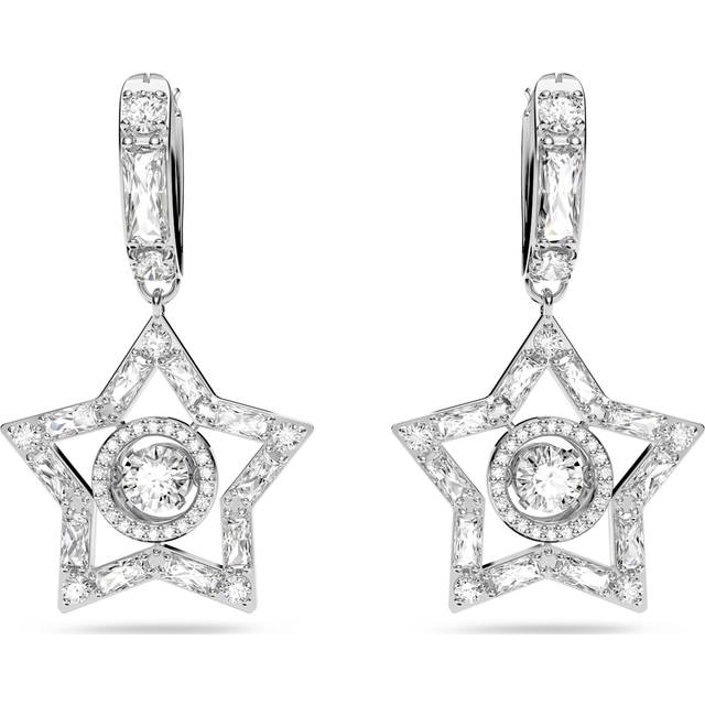 Swarovski Stella Rhodium Plated White Crystal Star Hoop Earrings - Silver