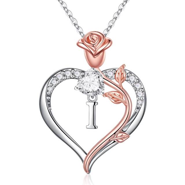STORUP Gifts for Women - Rose Flower Heart Initial Necklace Letter I Pendant Necklace for Women Mothers Day Valentines Christmas Gifts for Mom Wife An