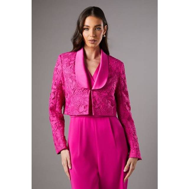Lace Crop Blazer With Satin Lapel - Pink - 14
