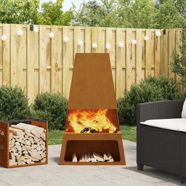 vidaXL Fire Pit with Log Storage 60x35x100 cm Weathering Steel - Brown