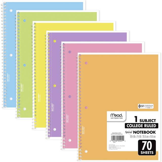 "Mead Spiral Notebooks  6 Pack  1-Subject  College Ruled Paper  8"""""""" x 10-1/2""""""""  70 Sheets  Assorted Pastel Colors (830049)"