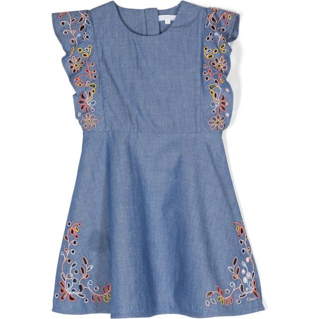 Chloe Girls Embroidered Sleeveless Cotton Denim Dress, Size 4Y - Blue (Size 4Y)