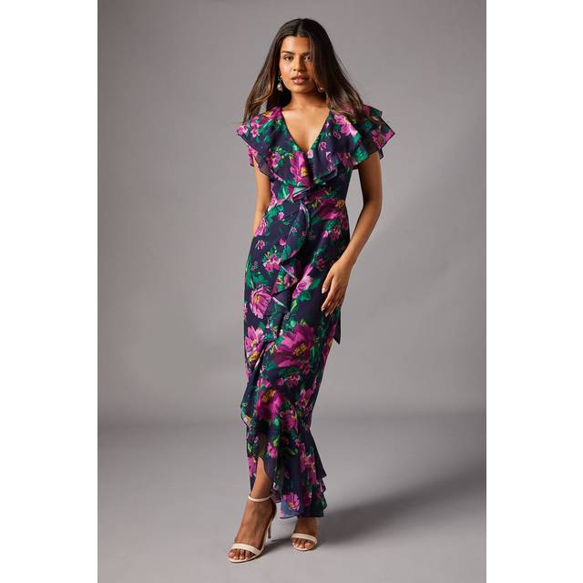 Petite Short Sleeve Chiffon Maxi Dress With Frills - Navy - 10