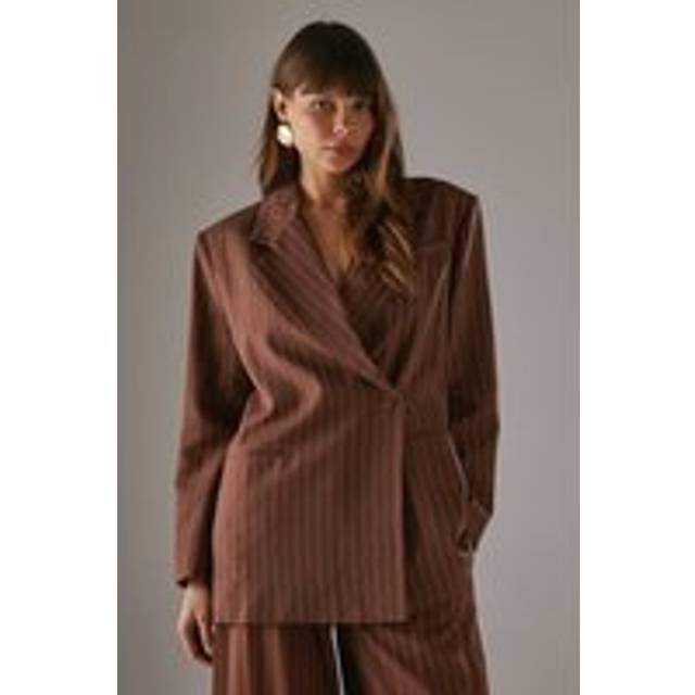Womens Linen Look Pinstripe Blazer - chocolate - Chocolate - 12