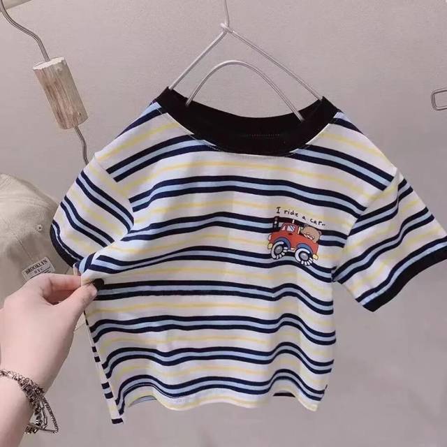 (car, 5-6Y  130) Summer Children Boys Short Sleeve Striped T-shirt Muslin Thin Cool Infant Babys Boys Tops Cartoon Print Round Collar Kid Boy Tee
