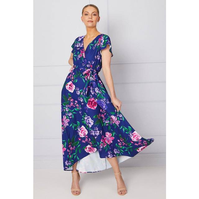 Womens Occasion Floral Wrap Angel Sleeve Midi Dress - Navy - 12