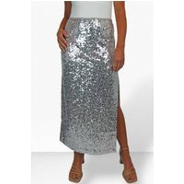 Sequin Maxi Skirt with Side Slit - Metallic Silver - 8-10