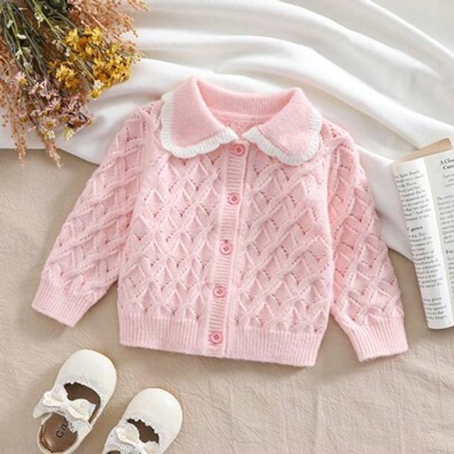 SHEIN Baby Girls Pink Cardigan With Oversized Collar, Pink Solid Color With White Ruffle Hem, Soft Knit, Suitable For Autumn/Winter