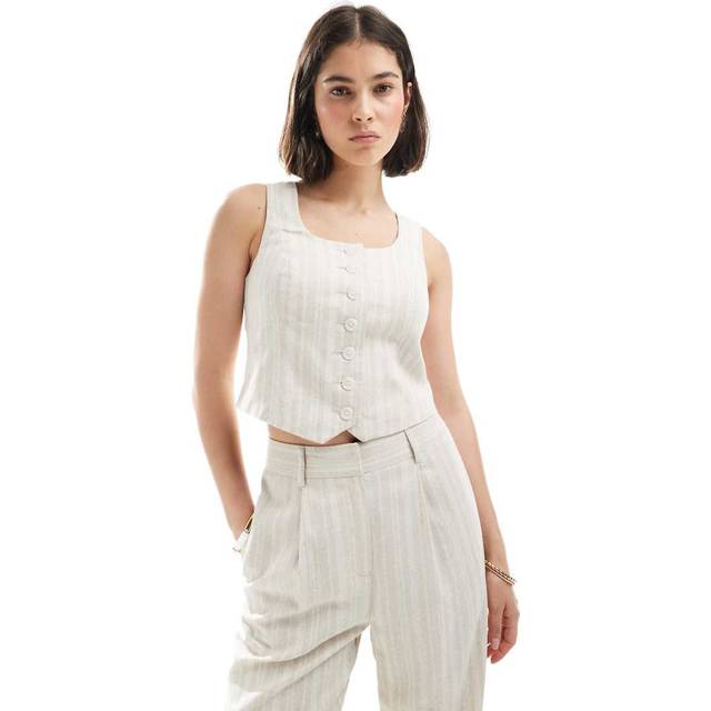 New Look Women's Cream Striped Scoop Neck Waistcoat - UK 14