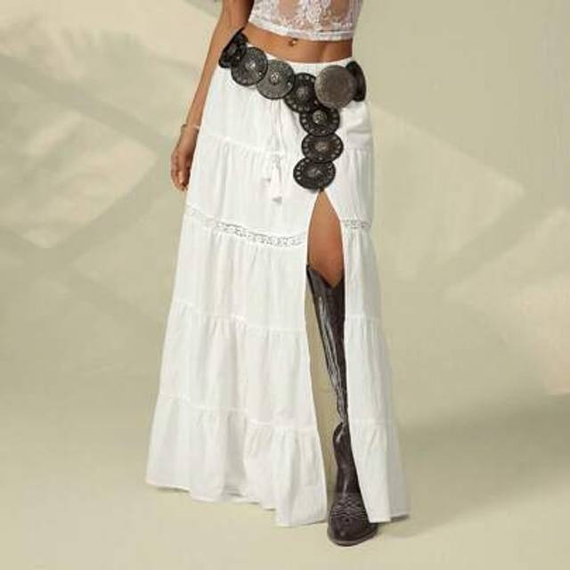 SHEIN Boho Beach Skirts For Women - High-Slit Linen-Blend Tiered Maxi Skirt With Elastic Waist & Lace Trim, Music Festival Essentials & Vacation Outfits | S