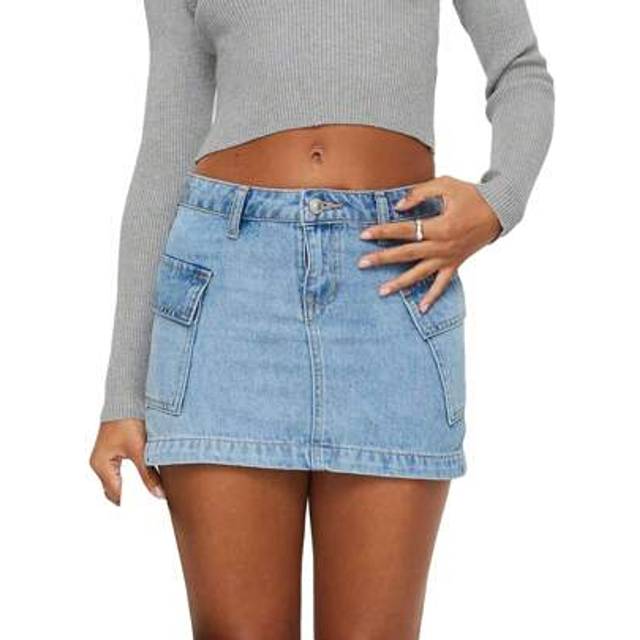 SHEIN Womens Cargo Denim Skirts Solid Color Mid Rise Mini Jean Skirts With Pockets Casual Streetwear