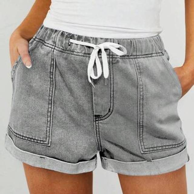 SHEIN Women Beach Lightweight Summer Jean Shorts Casual Baggy Drawstring Elastic Waist Roll Up Hem Comfy Vacation Cowgirl Outfits Denim Shorts