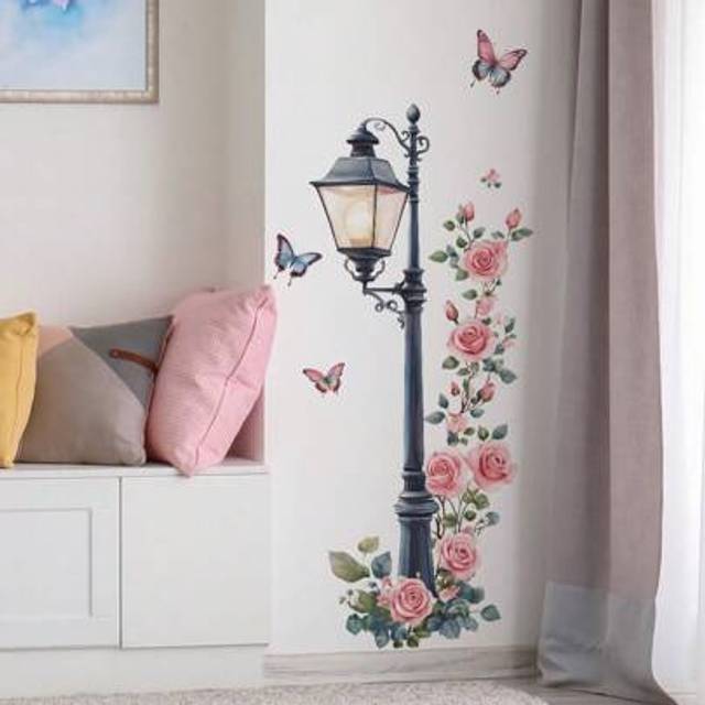 SHEIN 1pc Painted Rose Streetlights And Butterflies Wall Decal For Kitchen,Restaurant,And Other Wall Surfaces Decor,Removable Wall Stickers,Vinly Wall Decal