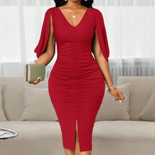 SHEIN Wedding Guest Dress Women&#39;s Round Neck Red Mesh Stitching Red Combination Flower Long Sleeve Tight Dress