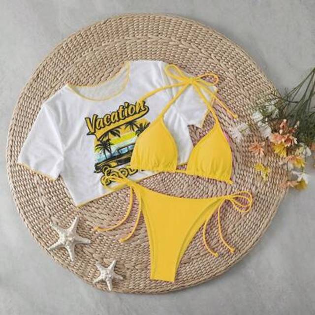 SHEIN Women&#39;s Colorful Print Bikini 3 Pcs Set With Cover Up Top, Swimsuit For Beach Party Casual Wear For Vacation
