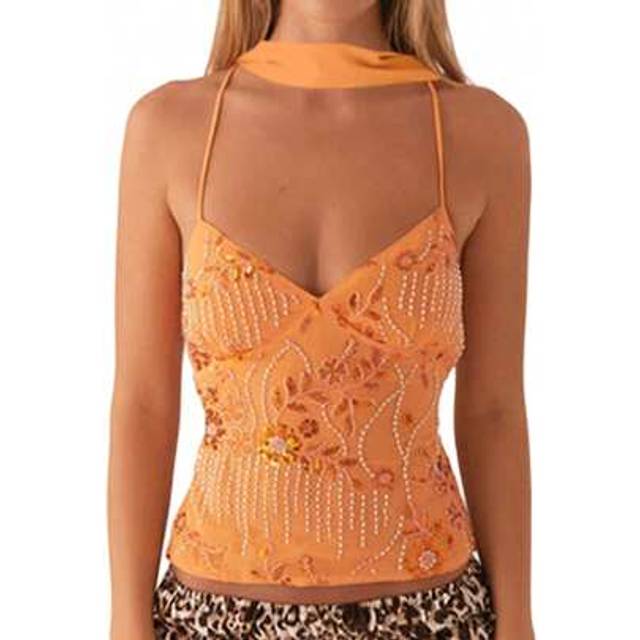 SHEIN Women Camisoles Sequins Beaded Flower Embroidery V-Neck Casual Tank Tops Summer Fashion Sleeveless Tops With Choker Scarf