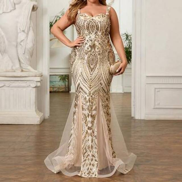 SHEIN Plus Size Champagne Gold Luxurious Baroque Pattern Sequin Mesh Elegant Mermaid Evening Dress Formal Prom Wedding Guest Dress, For Graduation, Dinner P