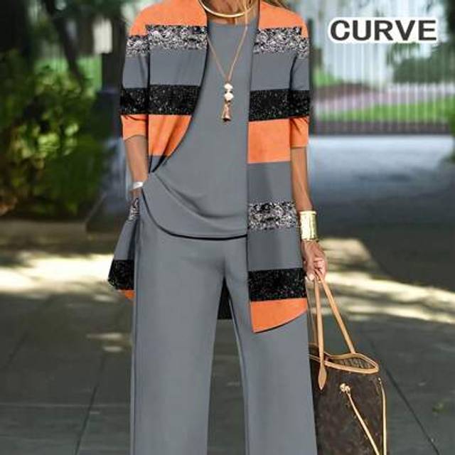 SHEIN Plus Spring & Summer Three Pieces Color Blocked Printed Set Long Sleeve Jacket & Tank Top & Pants Women Outfit Sets