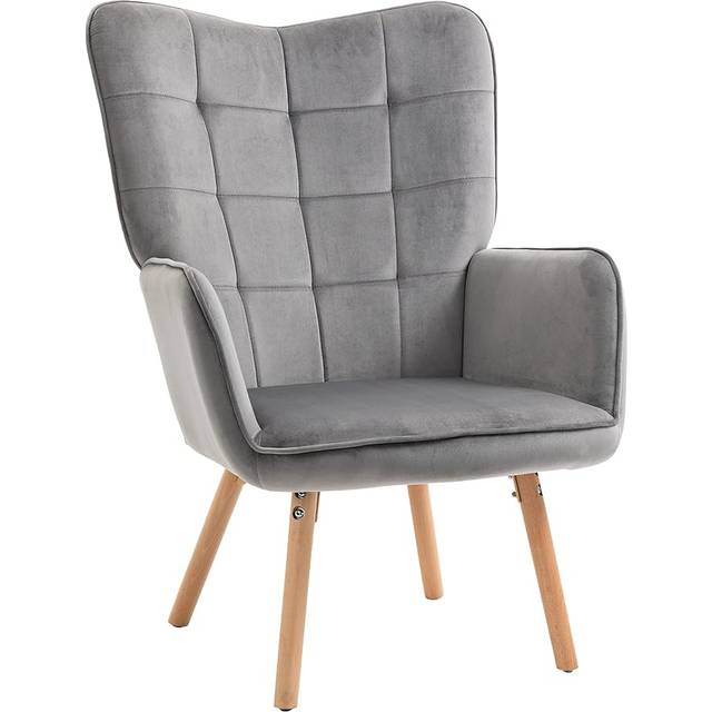 Homcom Accent Chair Velvet Tufted Wingback Armchair Club Chair With Wood Legs In Grey - One Size