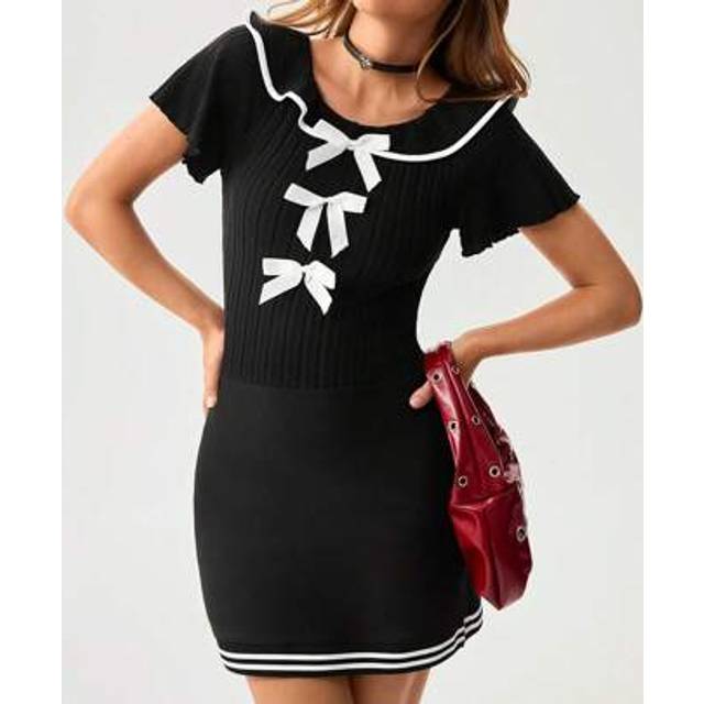 SHEIN Short Sleeve Knitted High Stretch Bowknot Ruffle Hem Mini Dress, Suitable For Summer Holiday, Commute, Street Style Boho Chic Graduation Dress