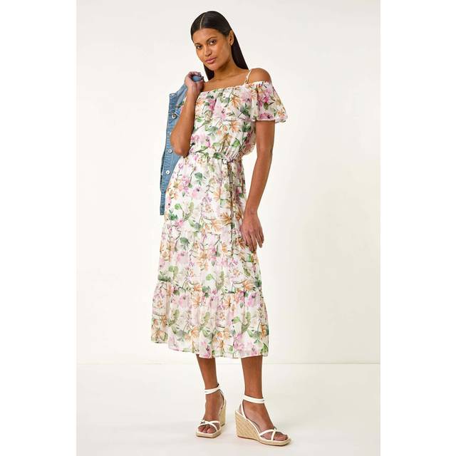 Roman Floral Print Bardot Midi Dress - Cream, White, Size 12, Women
