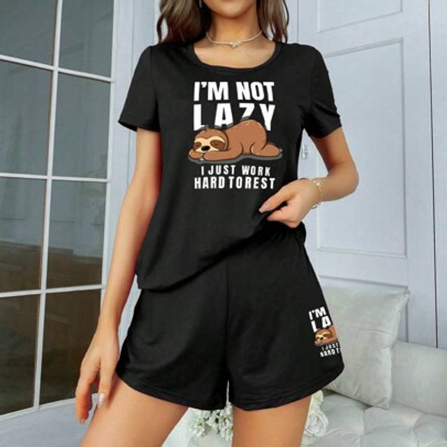 SHEIN Sloth Print Short Sleeve T-Shirt And Shorts Pajama Set