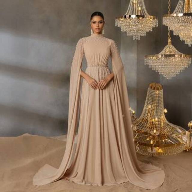 SHEIN Elegant Long Sleeve Beaded Evening Gown With Flowing A-Line Skirt - Soft Chiffon Gown For Wedding Guest & Luxury Banquets (Floor-Length Design)