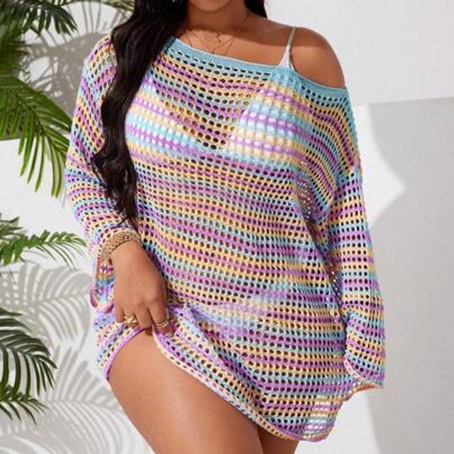 Swim Vcay Plus Size Loose Colorblock Sexy Asymmetric Asymmetrical Neck Bell Sleeve Crochet Hollow Out Cover Up Cover Up For Vacation
