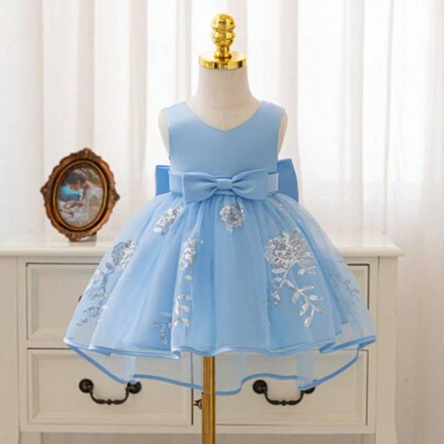 SHEIN Christmas Party Wear Baby Girl Blue Sequin Mesh Tulle Trailing Dress With Big Satin Bow, Baby Girl Birthday Party, Anniversary Formal Dress