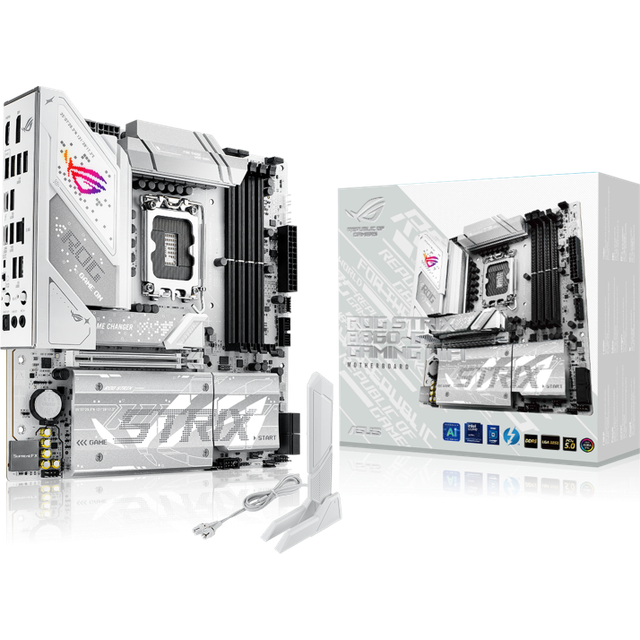 ASUS ROG Strix B860-G Gaming WiFi mATX moderkort, avancerad AI PC-redo, 14+1+2+1 effektsteg, DDR5-kortplatser, PCIe 5.0, fyra M.2-kortplatser, WiFi 7, AI Networking II, Aura Sync RGB-belysning.