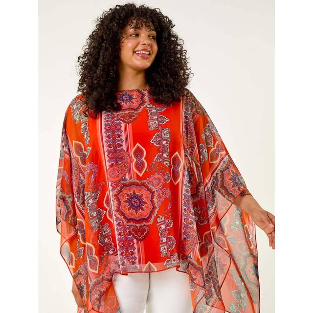 Ikat Paisley Asymmetric Overlay Top - Red - 16