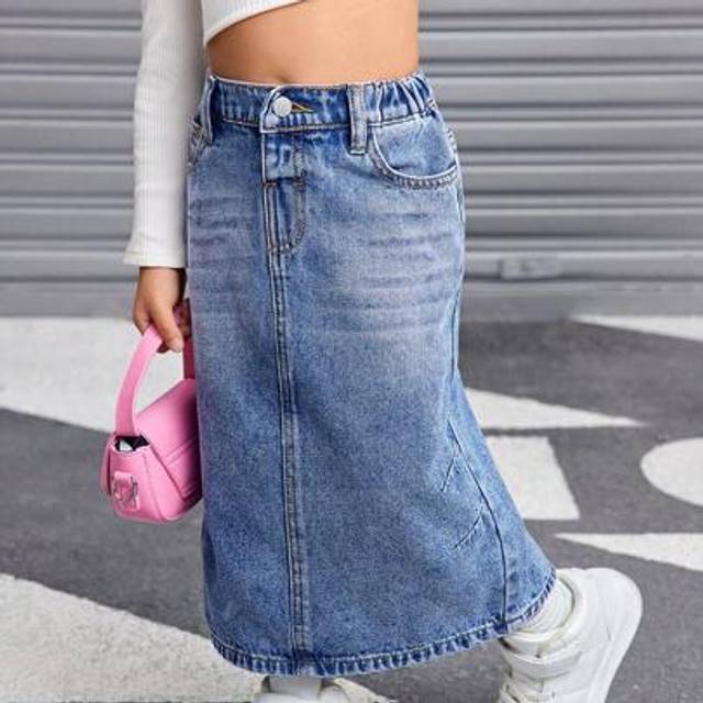 SHEIN Young Girl Young Girl Y2K Autumn/Winter Blue Denim Thermal Lined Skirt, Thickened Skirt, Girls Winter Warm Outfit