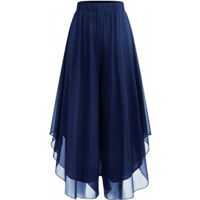 SHEIN Plus Size Women&#39;s Black Asymmetrical Edge Chiffon Wide Leg Pants, Relaxed Casual Vacation Trousers