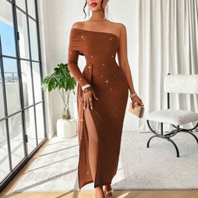 SHEIN Women&#39;s One Shoulder Long Sleeve High Split Cocktail Dresses Sexy Slim Ruched Wrap Party Dress Formal Elegant Evening Dress