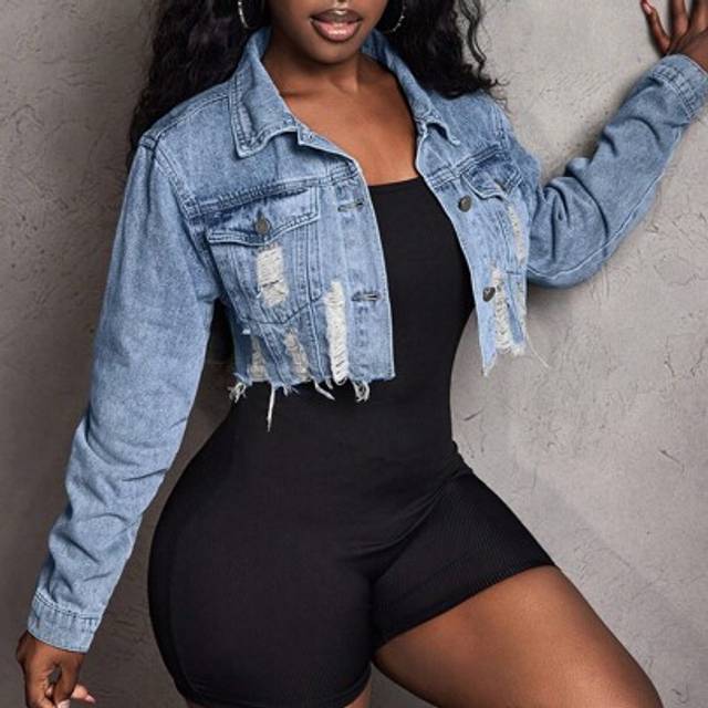 Slaydiva Women Distressed Raw Hem Cropped Denim Jacket, Long Sleeve