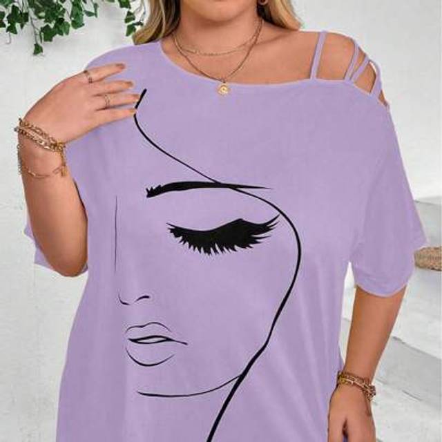 SHEIN Plus Size Women Summer Abstract Face Print Asymmetric Neck Loose Casual T-Shirt Graphic Tees Women Tops