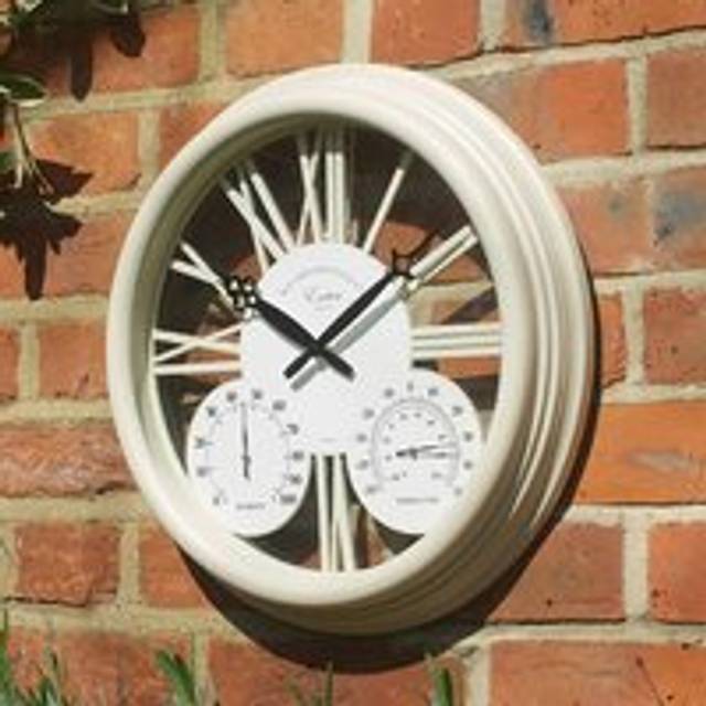 Cream Garden Wall Clock with Thermometer, Hygrometer & Roman Numerals - One Size