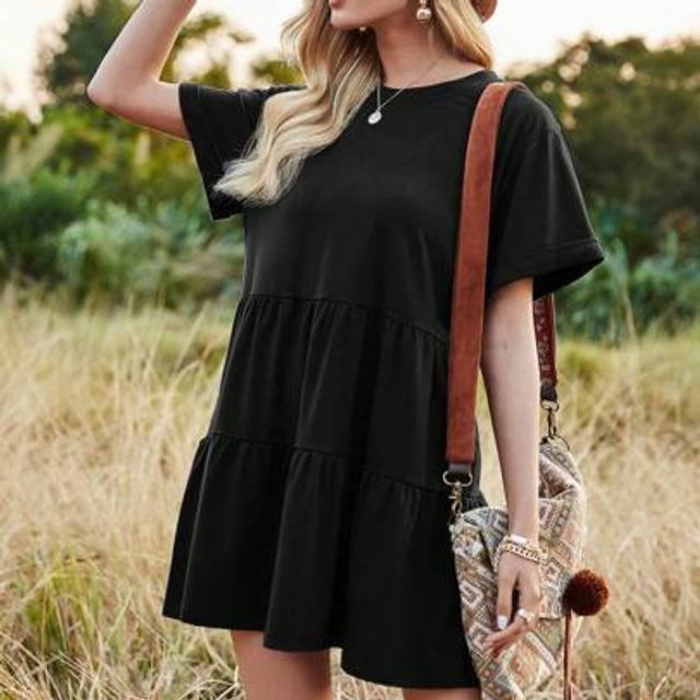 SHEIN Rolled Cuff Ruffle Hem Babydoll Dress