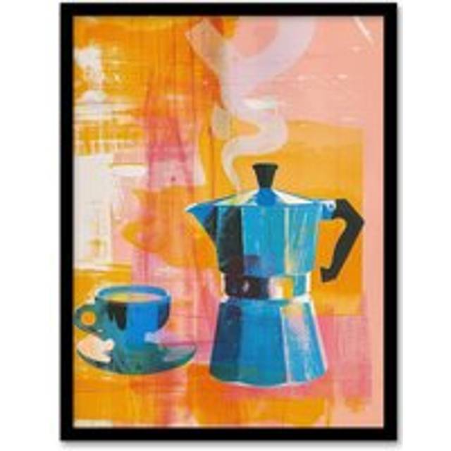 Wall Art Print Coffee Pot and Espresso Cup Pink Orange Fun Bright Art Framed Poster - Black - W12 inch x H16 inch