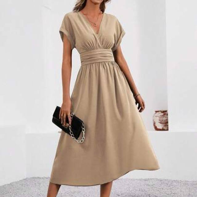 SHEIN Women Summer Solid Color Overlapping V-Neck Batwing Sleeve Waist Pleated Long Elegant Dress Maxi Women Outfit