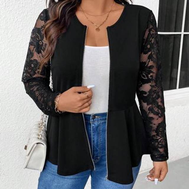 SHEIN Plus Size Lace Splicing Zipper Everyday Jacket, Autumn Long-Sleeved Elegant Jacket, Black All-Match Jacket, Street Wear For Women When Going Out, Autu